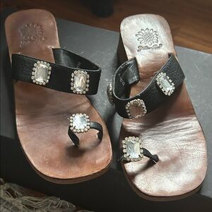 Yellow Box Black Sandals with Crystal Accents